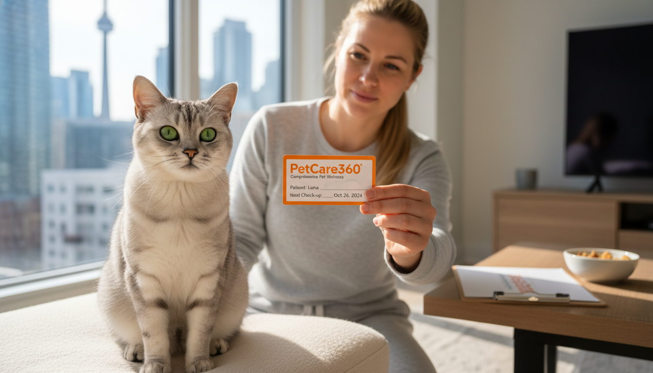 3-year-old domestic shorthair cat with green eyes and caring sitter during daily check-in in a Toronto home with PetCare360 branding visible.