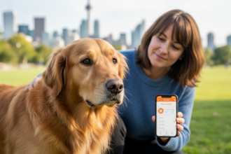3-year-old golden retriever and caregiver in a sunny Toronto park with clear PetCare360 app on phone.
