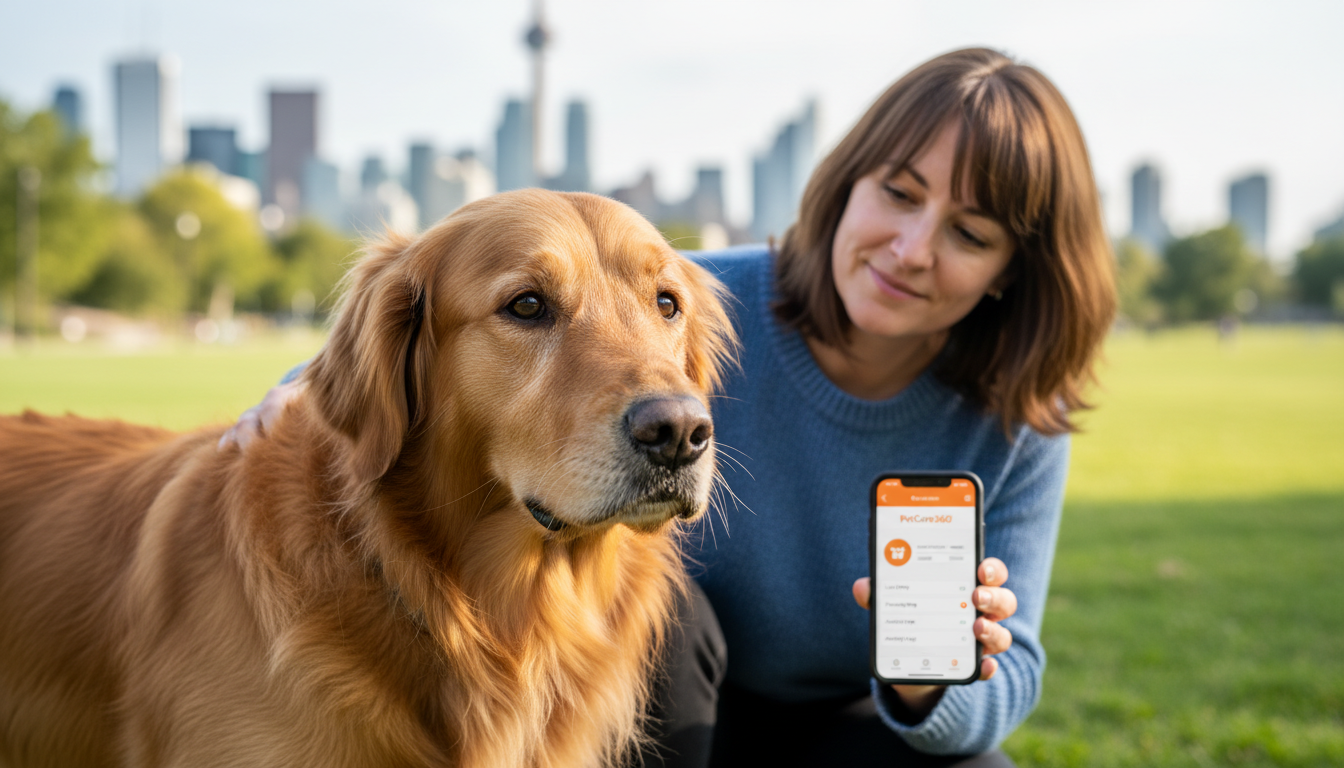 3-year-old golden retriever and caregiver in a sunny Toronto park with clear PetCare360 app on phone.