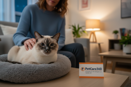 Overnight cat sitting scene in a cozy Toronto home with a Siamese cat and caring sitter, PetCare360 branding visible.