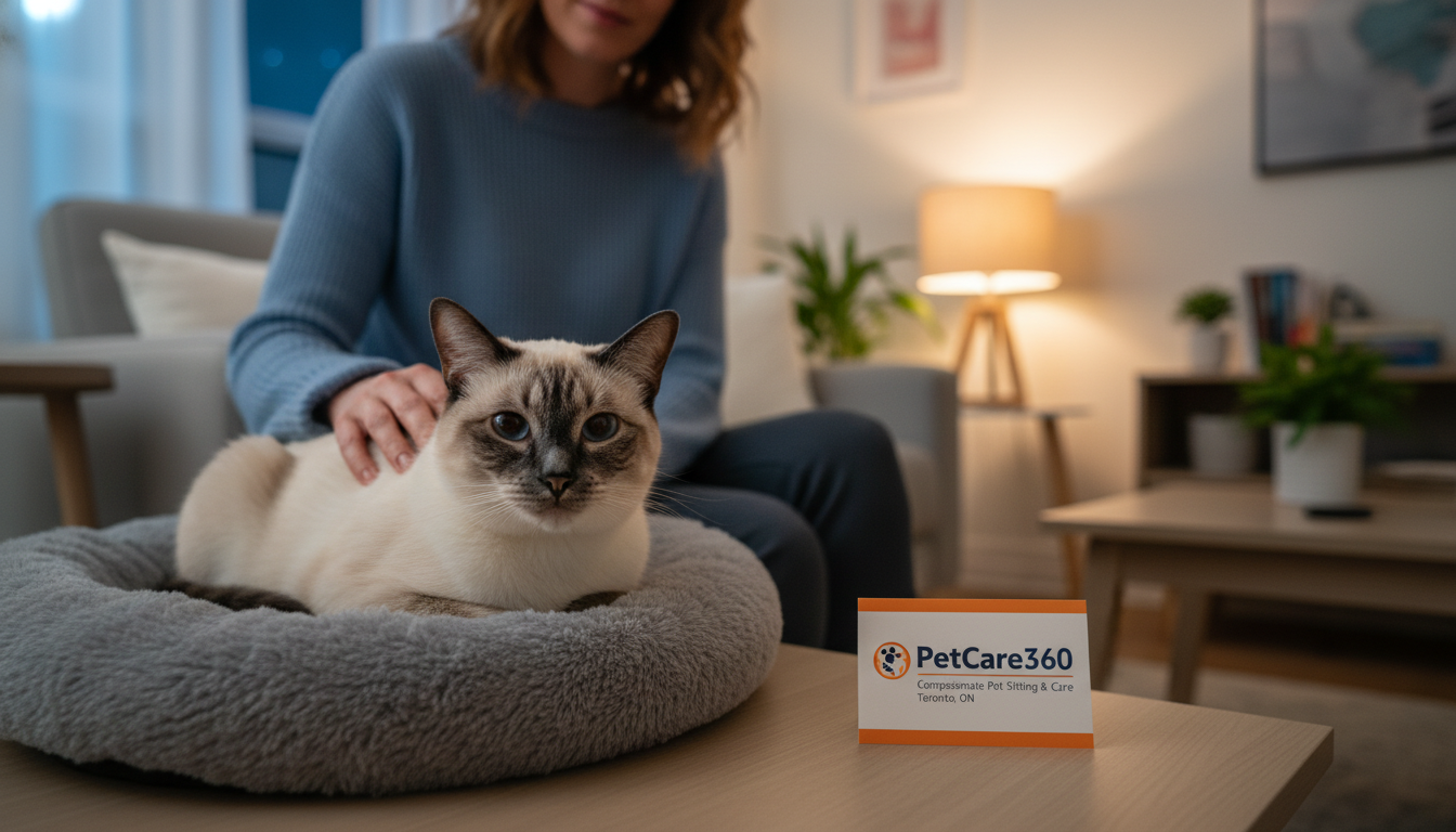 Overnight cat sitting scene in a cozy Toronto home with a Siamese cat and caring sitter, PetCare360 branding visible.