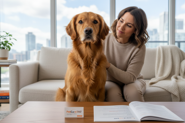 3-year-old golden retriever and caring sitter in a cozy Toronto home with PetCare360 branding clearly visible.