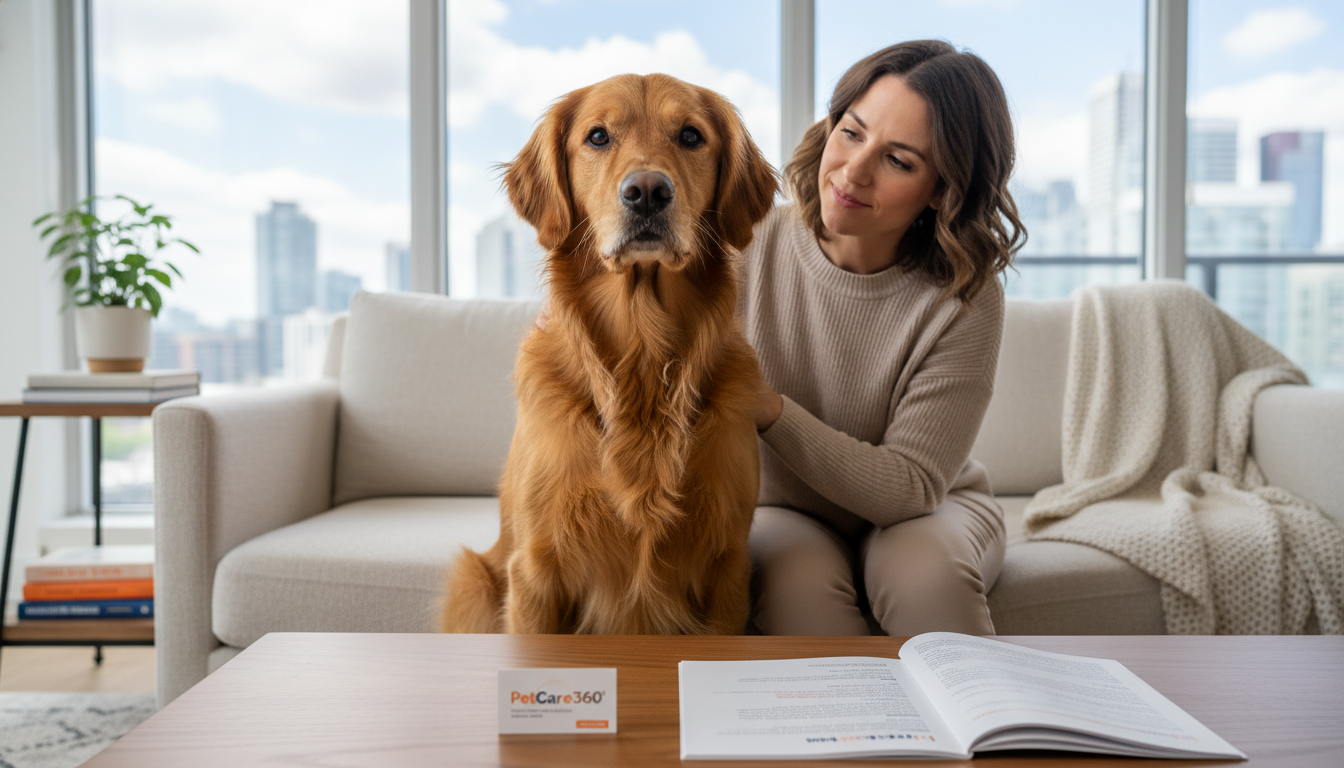 3-year-old golden retriever and caring sitter in a cozy Toronto home with PetCare360 branding clearly visible.