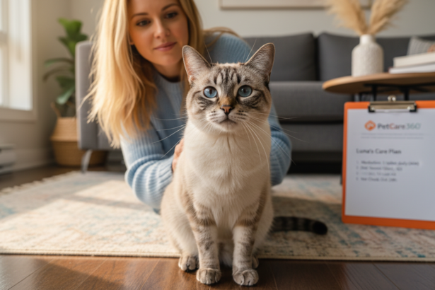 3-year-old Siamese cat and caring sitter in a cozy Toronto home with PetCare360 clipboard visible.