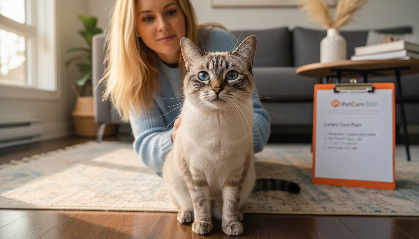 3-year-old Siamese cat and caring sitter in a cozy Toronto home with PetCare360 clipboard visible.