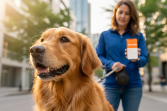 Professional dog walker in Toronto walking a joyful 3-year-old golden retriever with PetCare360 smartphone, clear urban background.