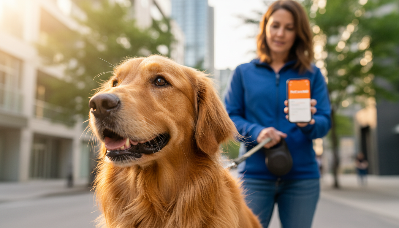 Professional dog walker in Toronto walking a joyful 3-year-old golden retriever with PetCare360 smartphone, clear urban background.