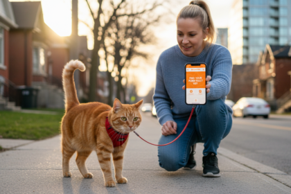 Outdoor scene in Toronto with a 2-year-old orange tabby cat and a woman guiding it, featuring clear PetCare360 branding on a smartphone.