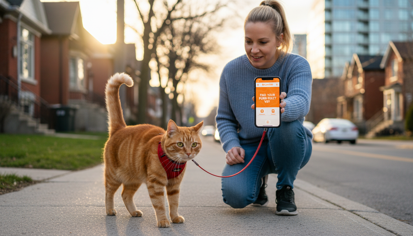 Outdoor scene in Toronto with a 2-year-old orange tabby cat and a woman guiding it, featuring clear PetCare360 branding on a smartphone.