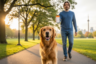 Golden retriever walking with owner in Toronto park, smartphone displaying sharp PetCare360 app interface