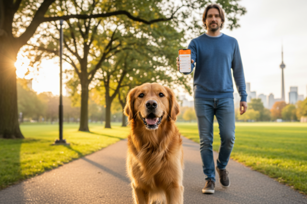 Golden retriever walking with owner in Toronto park, smartphone displaying sharp PetCare360 app interface