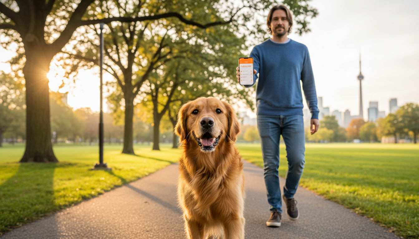 Golden retriever walking with owner in Toronto park, smartphone displaying sharp PetCare360 app interface