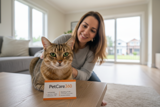 Domestic shorthair cat in a cozy home boarding setting with caring woman and clear PetCare360 branding.