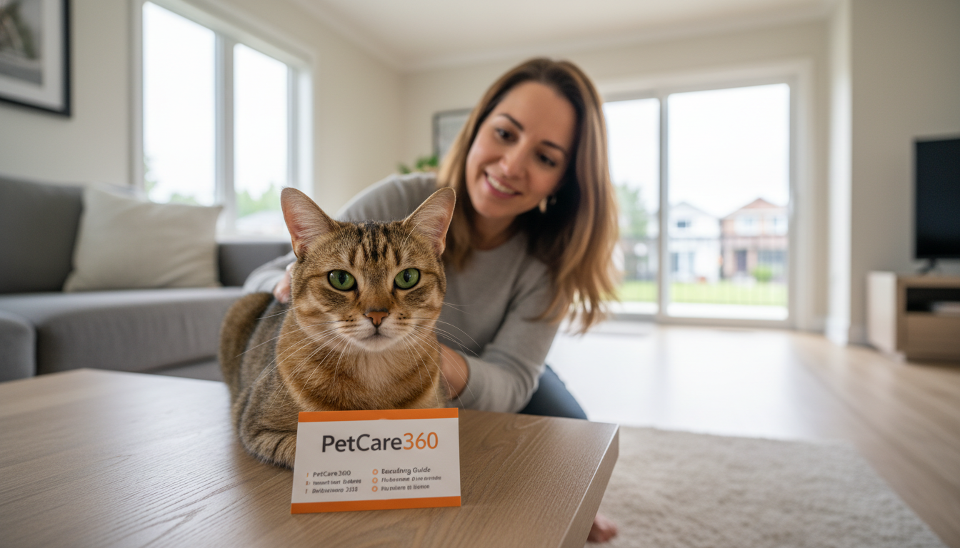 Domestic shorthair cat in a cozy home boarding setting with caring woman and clear PetCare360 branding.