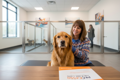 3-year-old golden retriever in a modern boarding facility with safe environment and clear PetCare360 brochure.