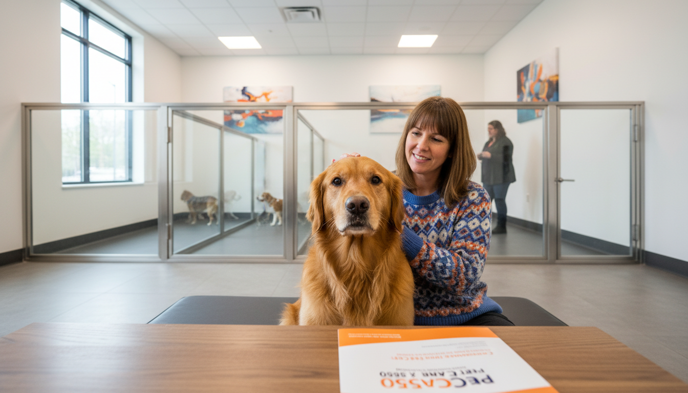 3-year-old golden retriever in a modern boarding facility with safe environment and clear PetCare360 brochure.