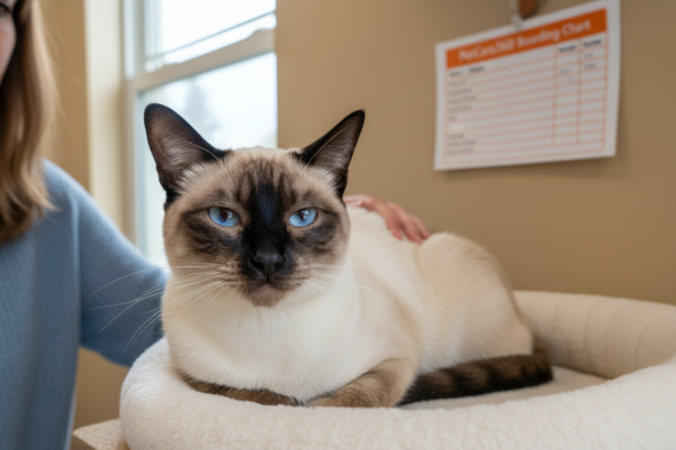 2-year-old Siamese cat in cozy boarding room with clear orange and white PetCare360 chart and caring caregiver