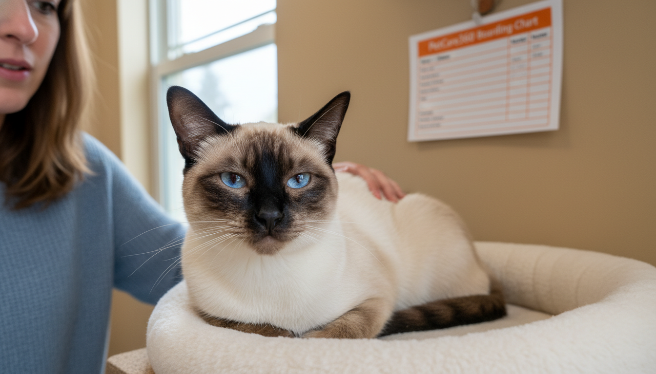 2-year-old Siamese cat in cozy boarding room with clear orange and white PetCare360 chart and caring caregiver