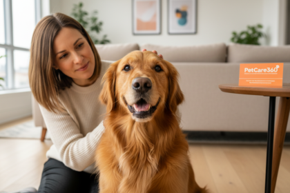 Golden retriever and professional dog care sitter in a modern Toronto home with orange and white PetCare360 branding visible.
