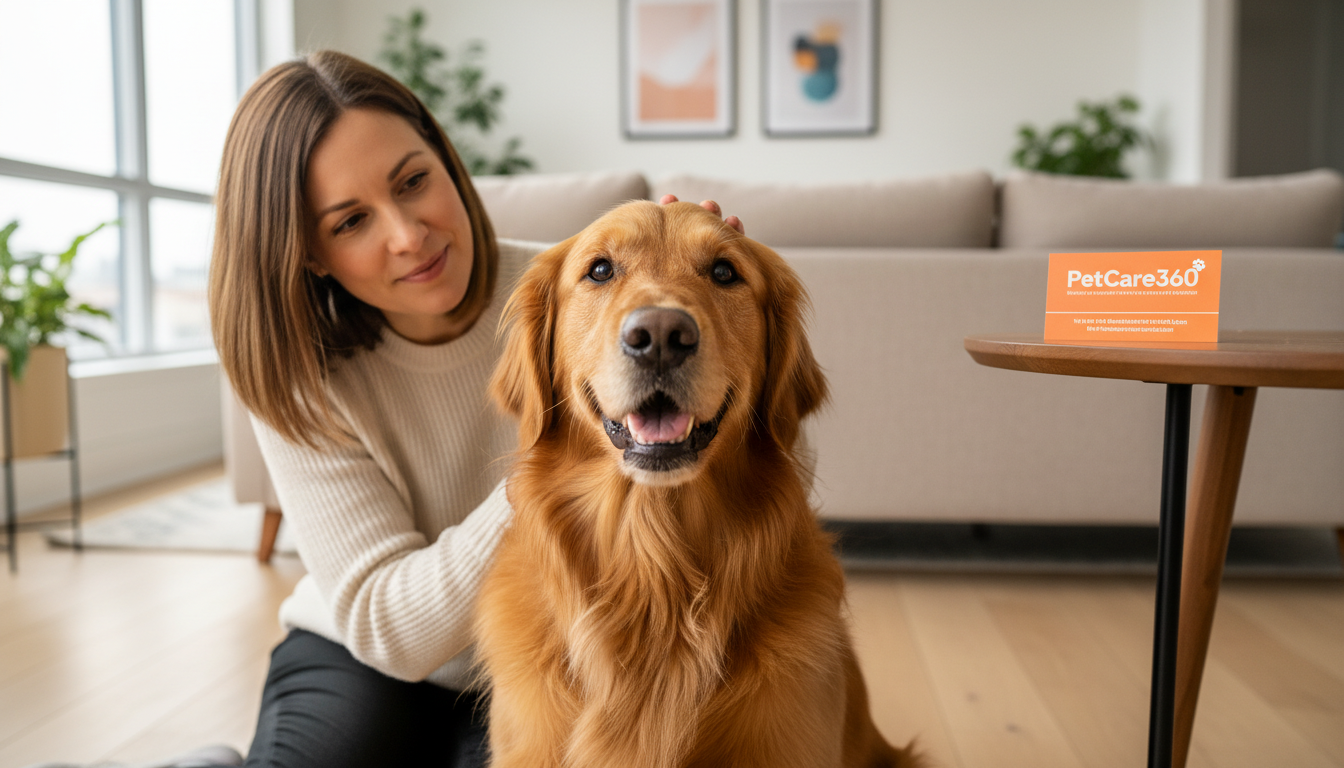 Golden retriever and professional dog care sitter in a modern Toronto home with orange and white PetCare360 branding visible.