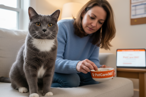 2-year-old domestic shorthair cat with amber eyes being cared for at home with PetCare360 branding on a bowl and tablet.