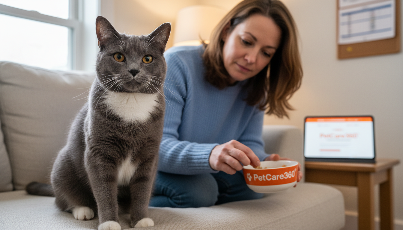 2-year-old domestic shorthair cat with amber eyes being cared for at home with PetCare360 branding on a bowl and tablet.