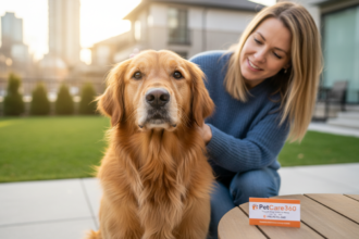Golden retriever receiving midday check-in from caring pet caregiver with PetCare360 branding visible on card.