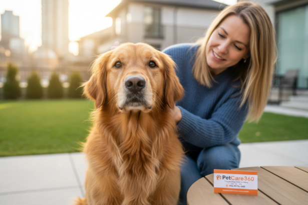 Golden retriever receiving midday check-in from caring pet caregiver with PetCare360 branding visible on card.