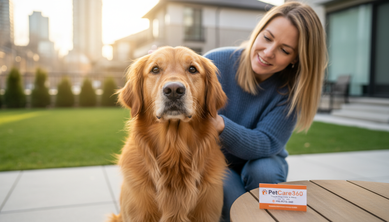 Golden retriever receiving midday check-in from caring pet caregiver with PetCare360 branding visible on card.
