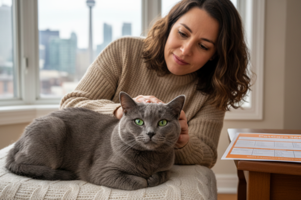 British Shorthair cat and live-in sitter in cozy Toronto home with PetCare360 branded care schedule.
