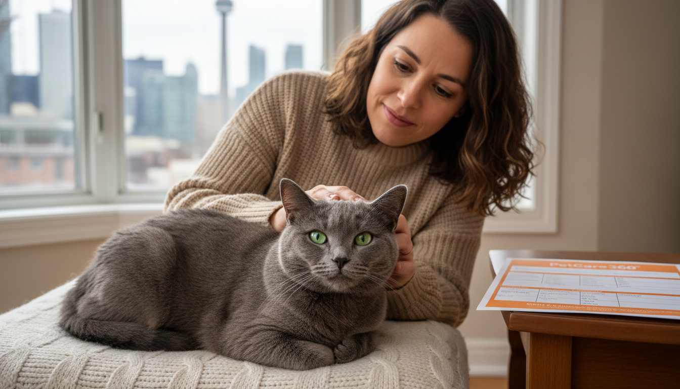 British Shorthair cat and live-in sitter in cozy Toronto home with PetCare360 branded care schedule.
