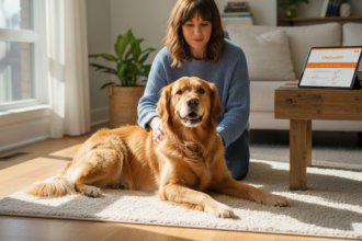 Toronto home living room with a 3-year-old golden retriever and pet sitter, PetCare360 tablet visible, professional pet care scene.