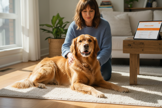 Toronto home living room with a 3-year-old golden retriever and pet sitter, PetCare360 tablet visible, professional pet care scene.