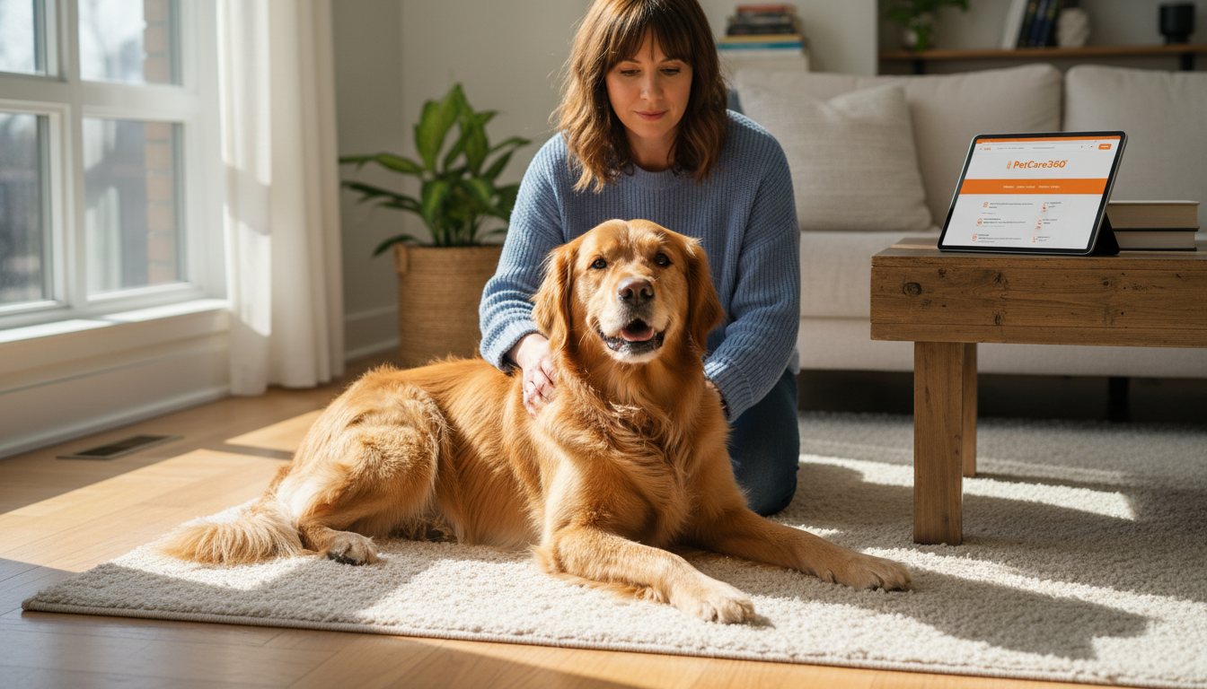 Toronto home living room with a 3-year-old golden retriever and pet sitter, PetCare360 tablet visible, professional pet care scene.
