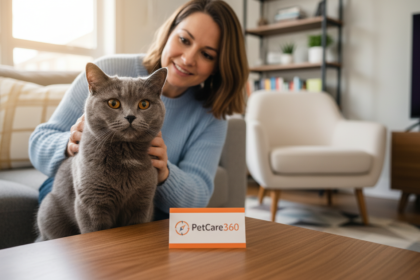 British Shorthair cat with calm expression being gently cared for by a sitter in a cozy Toronto home with sharp PetCare360 branding.