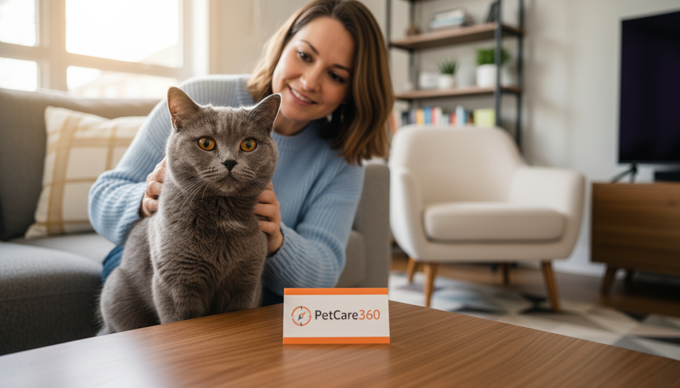 British Shorthair cat with calm expression being gently cared for by a sitter in a cozy Toronto home with sharp PetCare360 branding.