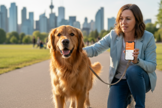 Golden retriever and professional dog walker in an urban park with clear PetCare360 app on a smartphone.