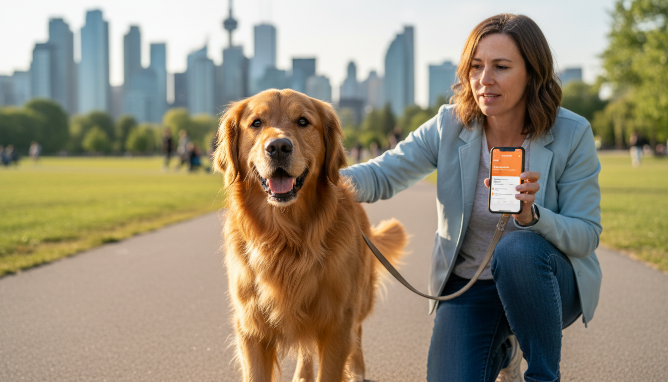 Golden retriever and professional dog walker in an urban park with clear PetCare360 app on a smartphone.