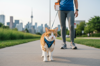 Photorealistic image of a 3-year-old orange and white domestic cat with a caring walker in urban Toronto, featuring clear PetCare360 branding.