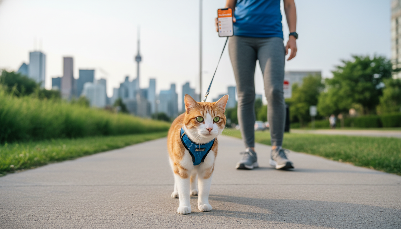 Photorealistic image of a 3-year-old orange and white domestic cat with a caring walker in urban Toronto, featuring clear PetCare360 branding.