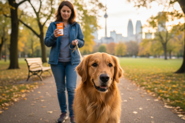 3-year-old golden retriever and dog walker in a Toronto park with PetCare360 app on smartphone, ultra-sharp 8K details.
