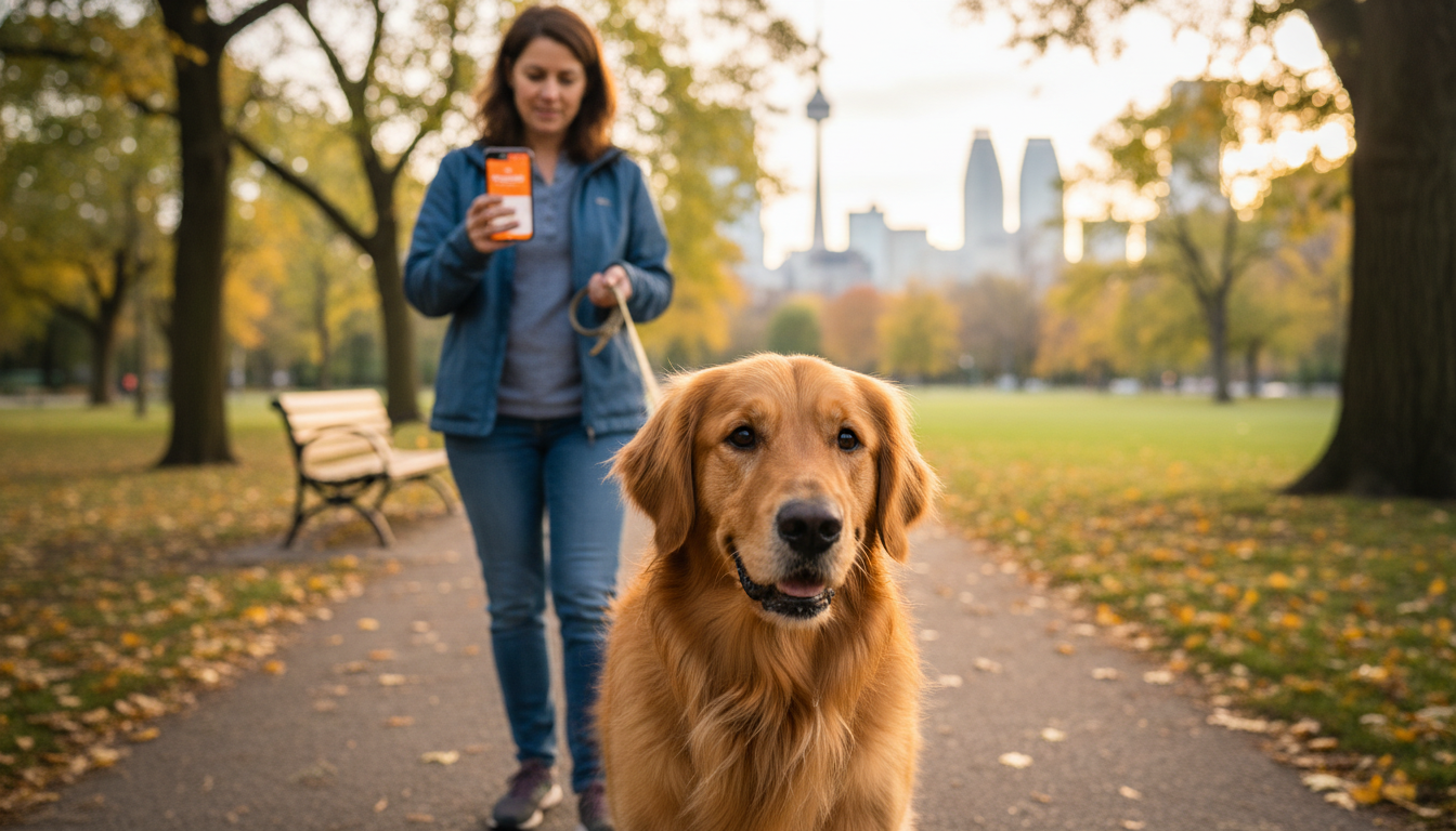 3-year-old golden retriever and dog walker in a Toronto park with PetCare360 app on smartphone, ultra-sharp 8K details.