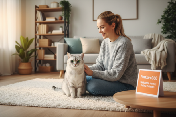 Domestic shorthair cat with bright green eyes in a cozy home boarding setting with a PetCare360 welcome card.