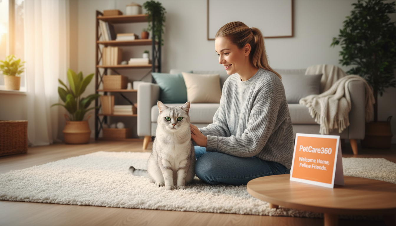 Domestic shorthair cat with bright green eyes in a cozy home boarding setting with a PetCare360 welcome card.