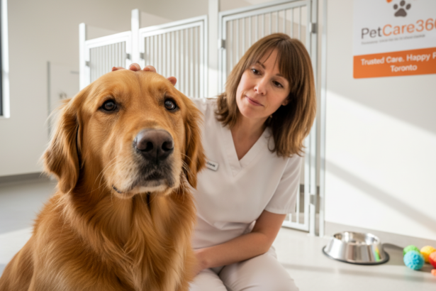 3-year-old golden retriever in safe Toronto boarding facility with caretaker and clear PetCare360 branding.