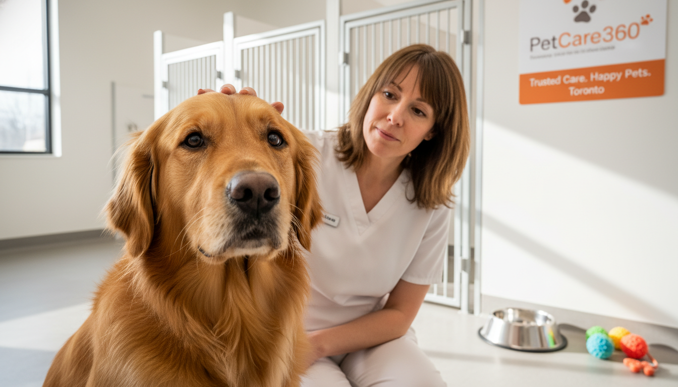 3-year-old golden retriever in safe Toronto boarding facility with caretaker and clear PetCare360 branding.