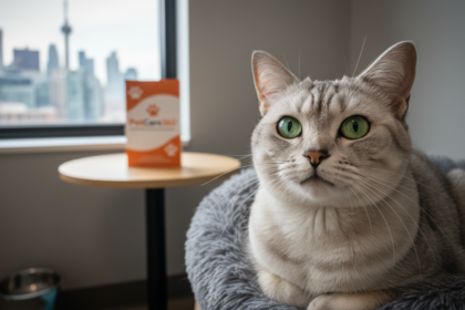 2-year-old domestic shorthair cat with silver tabby coat in a cozy boarding room with clear PetCare360 branding.