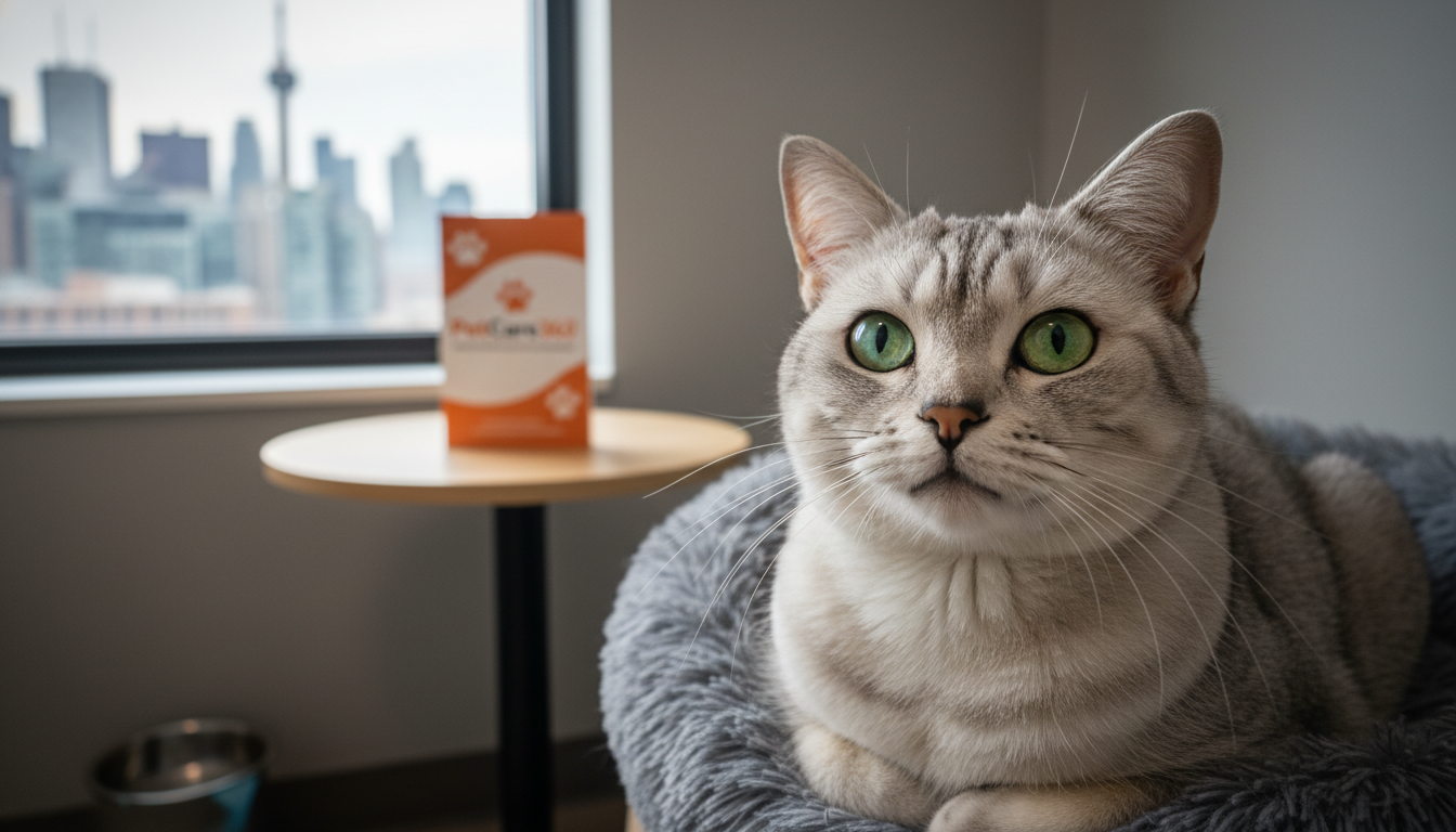 2-year-old domestic shorthair cat with silver tabby coat in a cozy boarding room with clear PetCare360 branding.