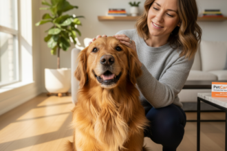 Golden retriever and caring woman in a cozy Toronto home with clear PetCare360 branding, professionally captured.