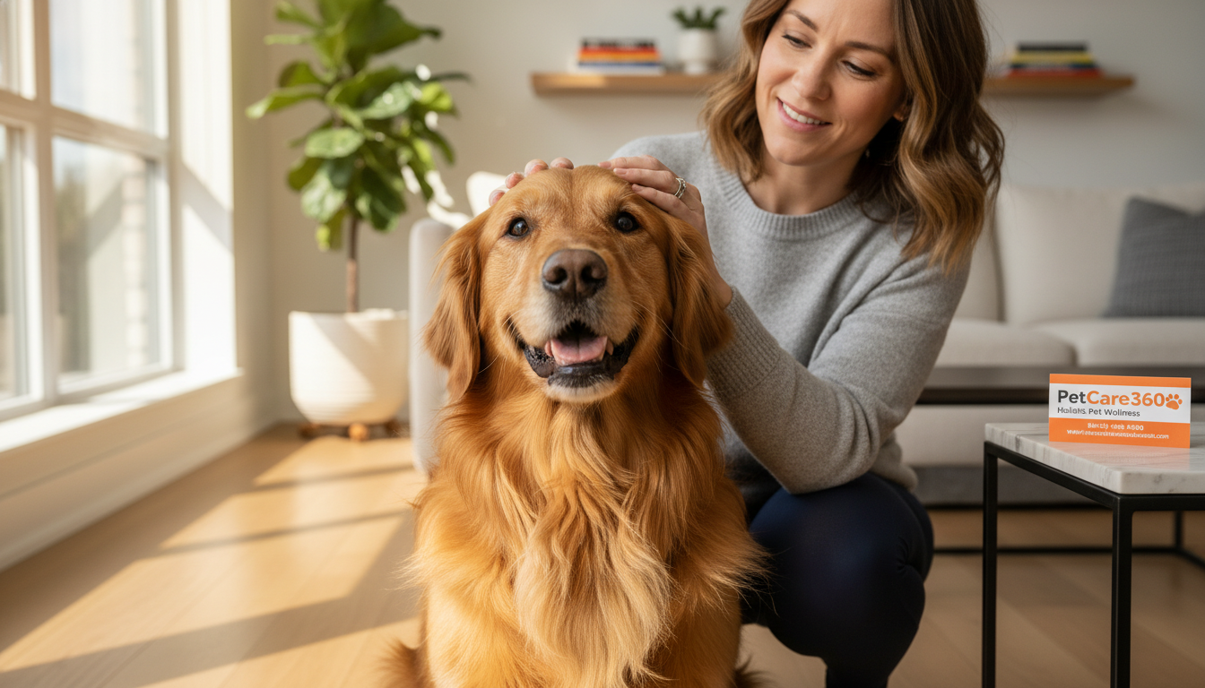 Golden retriever and caring woman in a cozy Toronto home with clear PetCare360 branding, professionally captured.